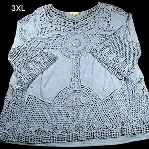 Adiva Womens 3X Blue Lace Crochet Boho Top Built In Tank Lined Blouse NWOT